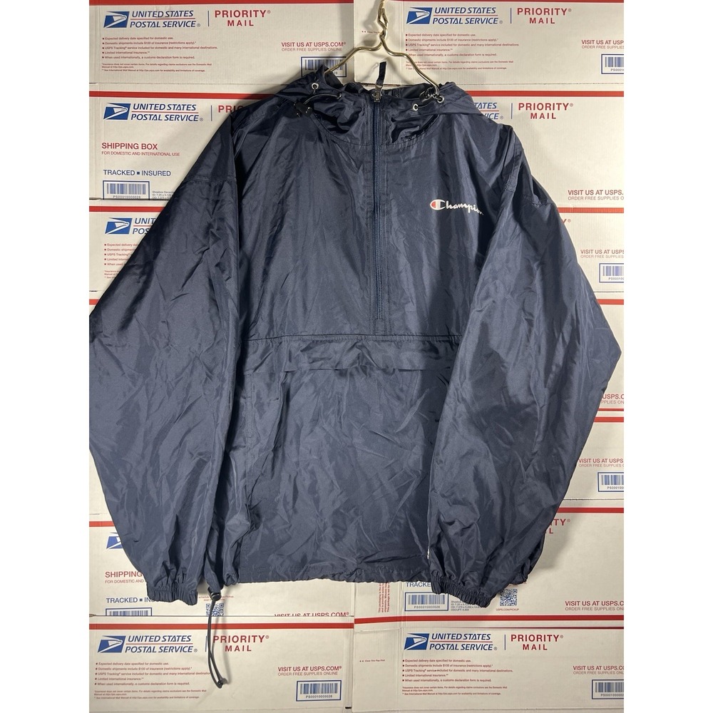 Champion Pullover Jacket Mens Large Hooded Windbreaker Black Recycled Polyester